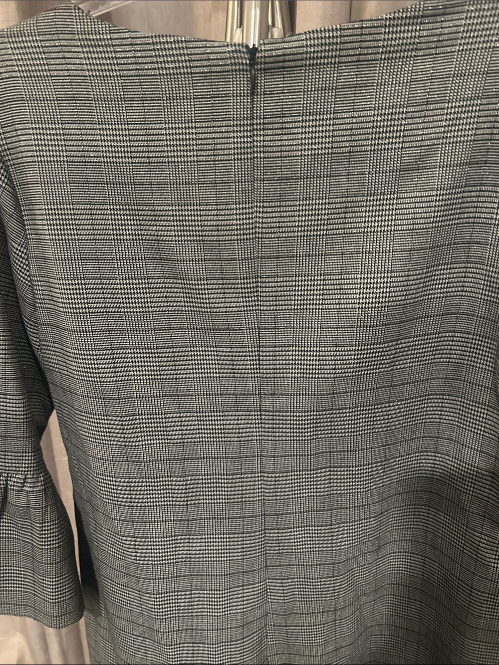 Emma & Michelle Gray Plaid Shift Dress with Ruffle Sleeves has a slight shine. - Picture 6 of 8